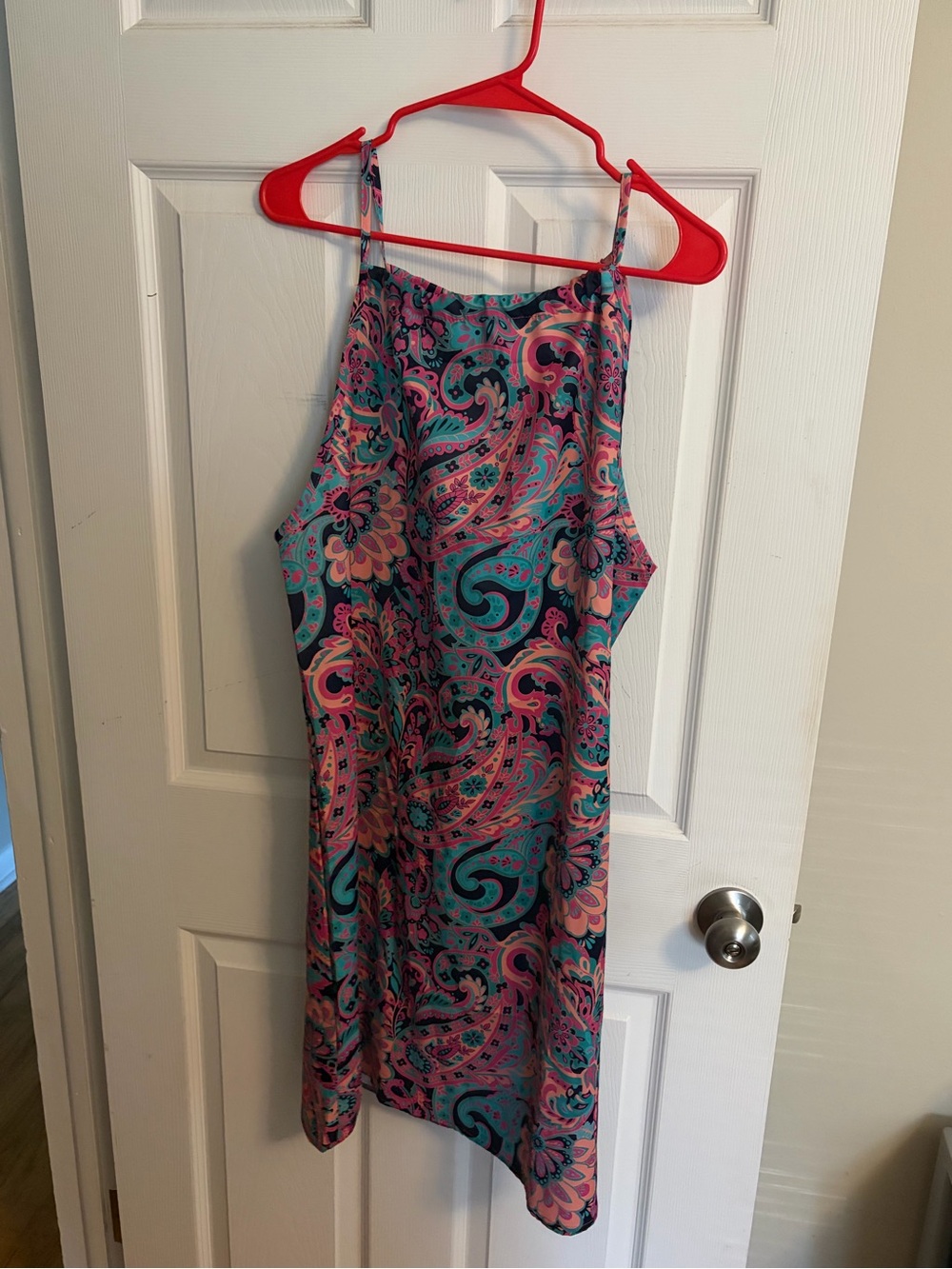 Sleeveless Paisley Shift Dress in Teal & Pink